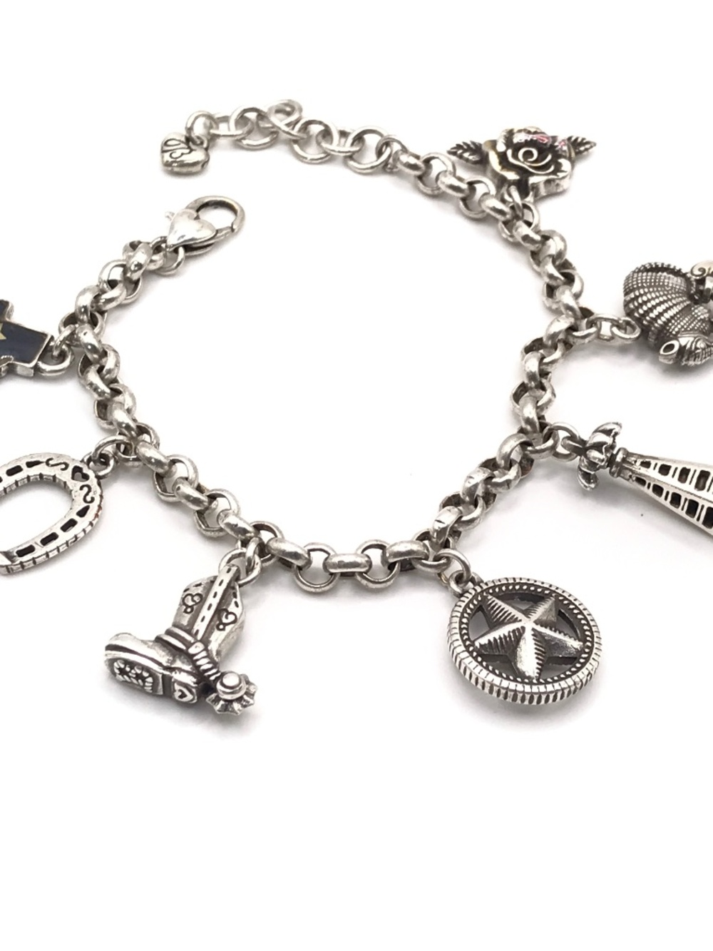 Brighton Texas State Charm Bracelet Cowboy Boot Star Horseshoe Rose Silver Plate
